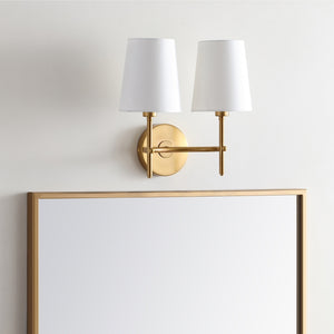 Barrett Mid-Century Modern Two Light Wall Sconce in Brass Gold with White Cotton Shades - Stylish Home Accent