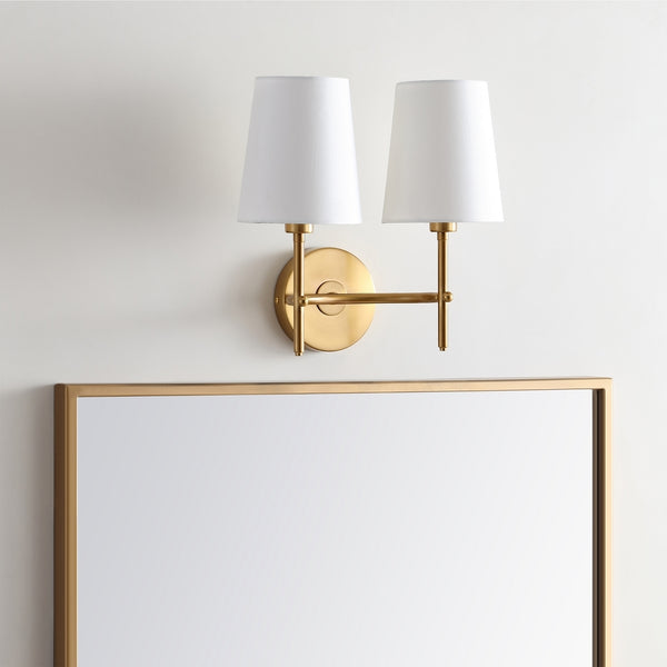 Barrett Mid-Century Modern Two Light Wall Sconce in Brass Gold with White Cotton Shades - Stylish Home Accent