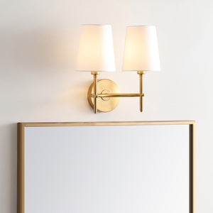 Barrett Mid-Century Modern Two Light Wall Sconce in Brass Gold with White Cotton Shades - Stylish Home Accent