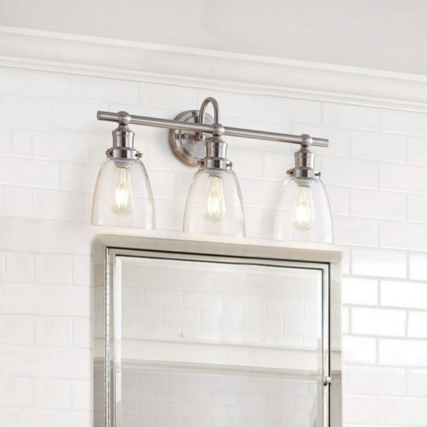 Dunes Three-Light Bathroom Sconce - Elegant Nickel Finish with Clear Glass Shades for Spa Vibes