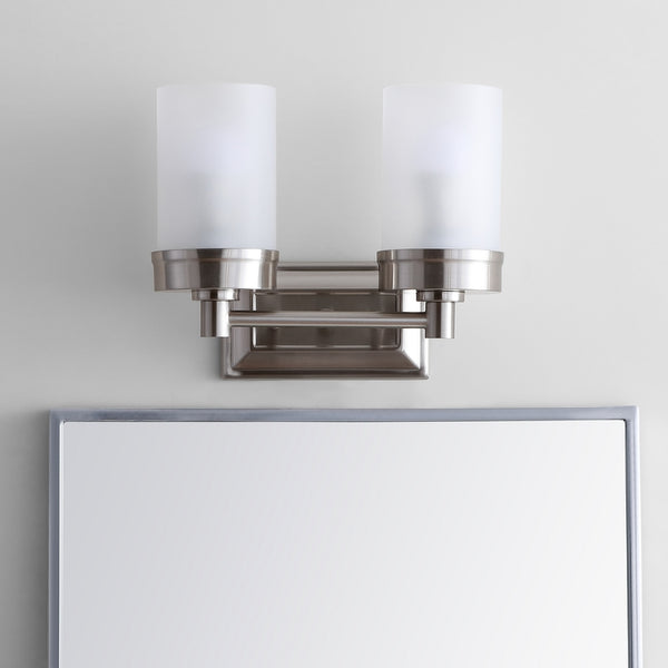 Kylan Modern Two-Light Bathroom Sconce with White Glass Shades - Stylish Nickel Finish Design