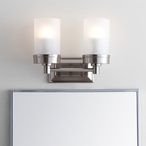 Kylan Modern Two-Light Bathroom Sconce with White Glass Shades - Stylish Nickel Finish Design