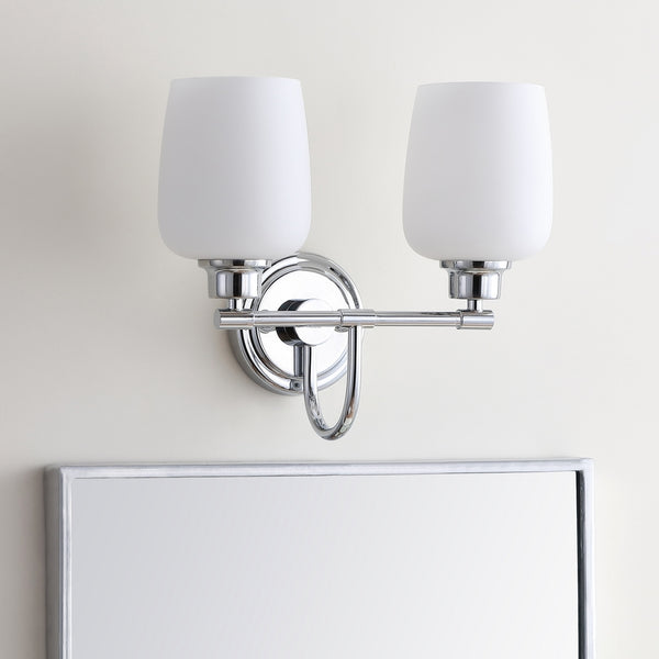 Rayden Two-Light Bathroom Sconce - Elegant Chrome Finish with White Glass Shades for Modern Style