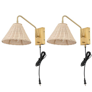 Safavieh Tressa, 16 Inch, Natural/Brass, Rattan/Iron Wall Sconce Set Of 2 W/ Usb Port​ -Set Of 2 Brass/Natural Rattan Metal SCN4078A-SET2