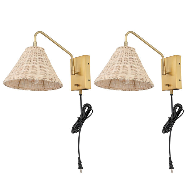 Safavieh Tressa, 16 Inch, Natural/Brass, Rattan/Iron Wall Sconce Set Of 2 W/ Usb Port​ -Set Of 2 Brass/Natural Rattan Metal SCN4078A-SET2