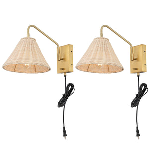 Safavieh Tressa, 16 Inch, Natural/Brass, Rattan/Iron Wall Sconce Set Of 2 W/ Usb Port​ -Set Of 2 Brass/Natural Rattan Metal SCN4078A-SET2