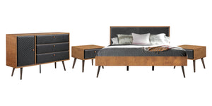 Coco Rustic 4 piece Upholstered Platform Bedroom Set in King with Dresser and 2 Nightstands 