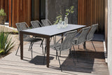 Fineline and Clip Indoor Outdoor 7 Piece Dining Set in Dark Eucalyptus Wood with Superstone and Grey Rope