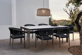 Fineline and Doris Indoor Outdoor 7 Piece Dining Set in Dark Eucalyptus Wood with Superstone and Black Rope