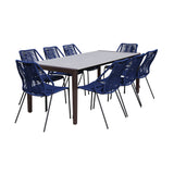 Fineline and Clip Indoor Outdoor 9 Piece Dining Set in Dark Eucalyptus Wood with Superstone and Blue Rope