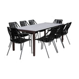 Fineline and Clip Indoor Outdoor 9 Piece Dining Set in Dark Eucalyptus Wood with Superstone and Black Rope