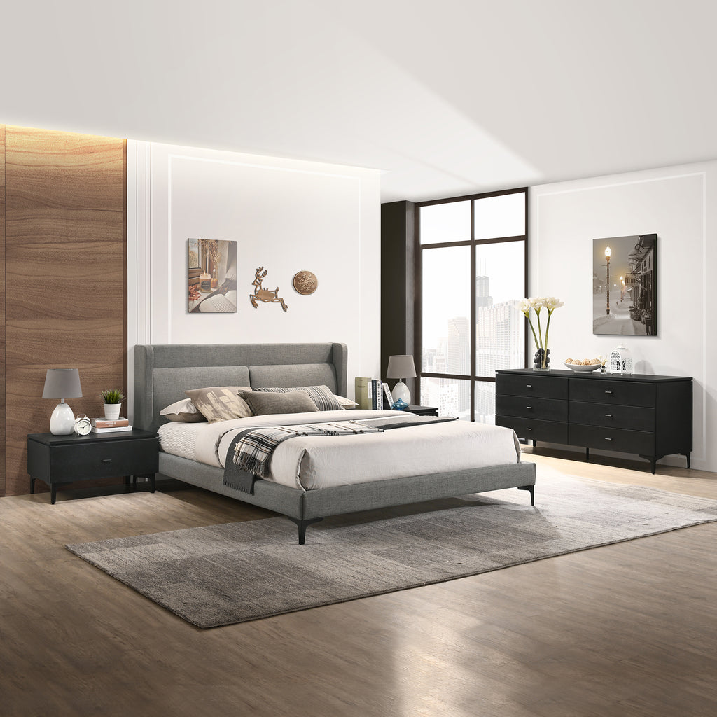 Legend 4 Piece Gray Fabric Queen Platform Bedroom Set with Dresser and Nightstands