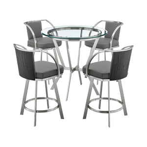 Naomi and Livingston 5-Piece Counter Height Dining Set in Brushed Stainless Steel and Grey Faux Leather