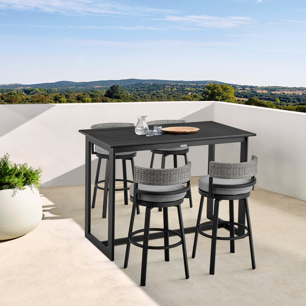 Encinitas Outdoor Patio 5-Piece Bar Table Set in Aluminum with Grey Cushions