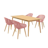 Nassau 5 piece Outdoor Dining Set in Natural Wood Finish Table and Pink Peony Arm Chairs
