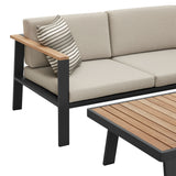 Nofi Outdoor Patio Sectional Set in Charcoal Finish with Taupe Cushions and Teak Wood 