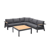 Palau 4 Piece Outdoor Sectional Set with Cushions in Dark Grey and Natural Teak Wood Accent