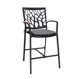 Portals 5 Piece Outdoor Patio Aluminum Bar Set in Black Finish and Natural Teak Wood Accent Top