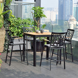 Portals 5 Piece Outdoor Patio Aluminum Bar Set in Black Finish and Natural Teak Wood Accent Top