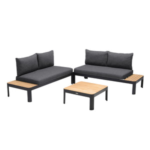 Portals Outdoor 3 Piece Sofa Set in Black Finish with Natural Teak Wood Top Accent