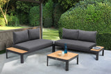 Portals Outdoor 3 Piece Sofa Set in Black Finish with Natural Teak Wood Top Accent