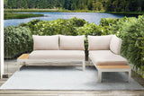Portals Outdoor 2 Piece Sofa Set in Light Matte Sand Finish with BeigeCushions and Natural Teak Wood Accent