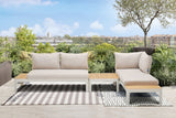 Portals Outdoor 3 Piece Sofa Set in Light Matte Sand Finish with Natural Teak Wood Top Accent