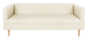 Carmina Light Beige Channeled Leather Sofa with Modern Oak Legs - Stylish Comfort for Living Rooms