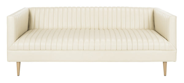 Carmina Light Beige Channeled Leather Sofa with Modern Oak Legs - Stylish Comfort for Living Rooms