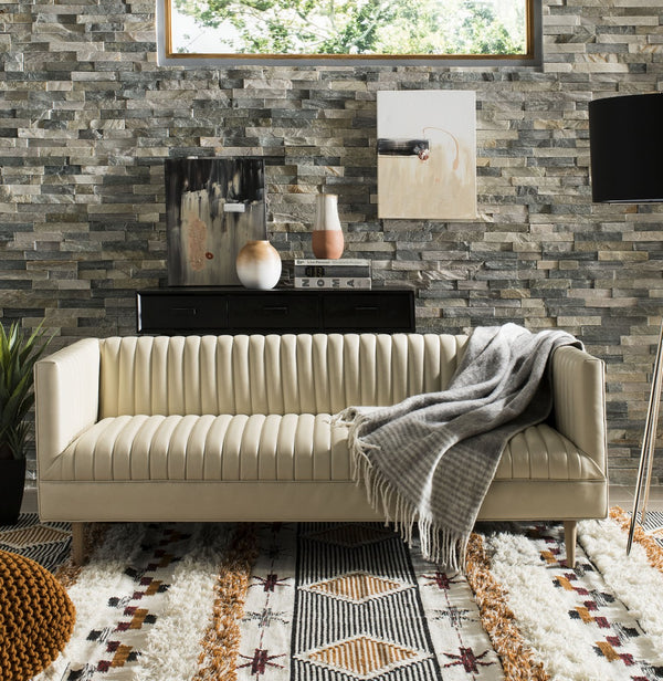 Carmina Light Beige Channeled Leather Sofa with Modern Oak Legs - Stylish Comfort for Living Rooms