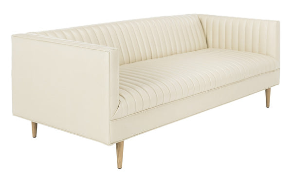 Carmina Light Beige Channeled Leather Sofa with Modern Oak Legs - Stylish Comfort for Living Rooms