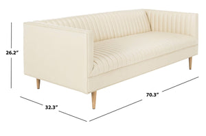 Carmina Light Beige Channeled Leather Sofa with Modern Oak Legs - Stylish Comfort for Living Rooms