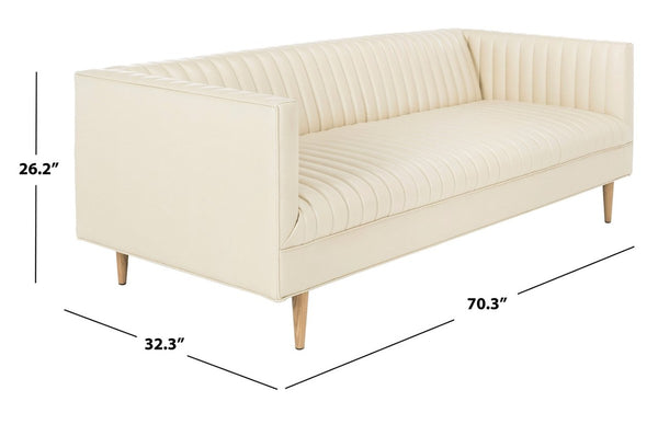 Carmina Light Beige Channeled Leather Sofa with Modern Oak Legs - Stylish Comfort for Living Rooms