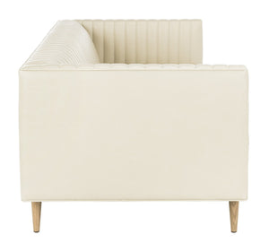 Carmina Light Beige Channeled Leather Sofa with Modern Oak Legs - Stylish Comfort for Living Rooms