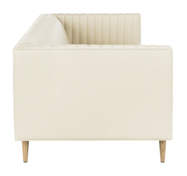 Carmina Light Beige Channeled Leather Sofa with Modern Oak Legs - Stylish Comfort for Living Rooms