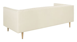 Carmina Light Beige Channeled Leather Sofa with Modern Oak Legs - Stylish Comfort for Living Rooms