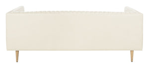 Carmina Light Beige Channeled Leather Sofa with Modern Oak Legs - Stylish Comfort for Living Rooms