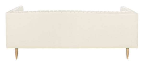 Carmina Light Beige Channeled Leather Sofa with Modern Oak Legs - Stylish Comfort for Living Rooms