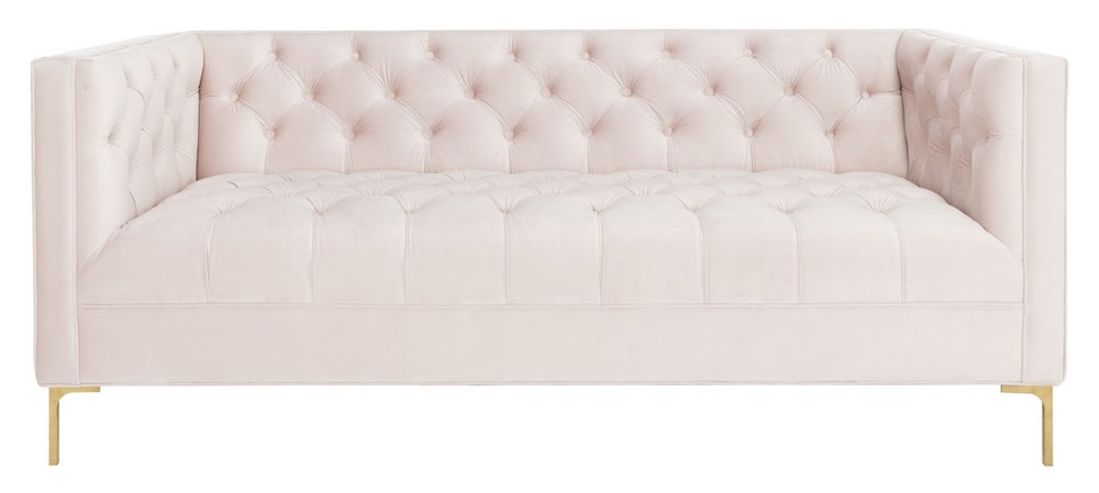 Vydia Blush Pink Velvet Tufted Sofa with Gold Legs - Chic Italian Style for Modern Living Rooms