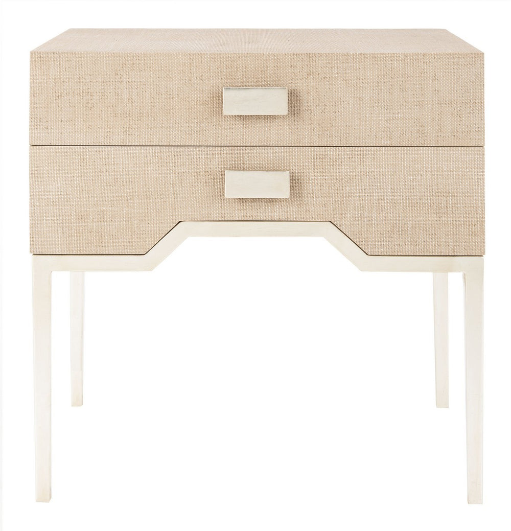 Micah 2-Drawer Nightstand - Modern Glamour with Faux Raffia & Antique Silver Leaf Finish in Beige