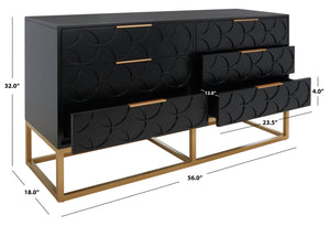 Safavieh Emelia 6 Drawer Dresser Black / Gold Wood / Metal / Pb Drawer Front With Pu Foam Deco Board  SFV2124B