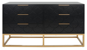 Safavieh Emelia 6 Drawer Dresser Black / Gold Wood / Metal / Pb Drawer Front With Pu Foam Deco Board  SFV2124B
