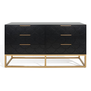 Safavieh Emelia 6 Drawer Dresser Black / Gold Wood / Metal / Pb Drawer Front With Pu Foam Deco Board  SFV2124B