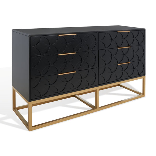 Safavieh Emelia 6 Drawer Dresser Black / Gold Wood / Metal / Pb Drawer Front With Pu Foam Deco Board  SFV2124B
