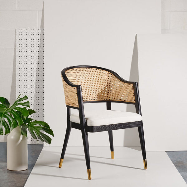 Rogue Rattan Dining Chair - Mid-Century Modern Design with Elegant Brass Caps for Chic Interiors