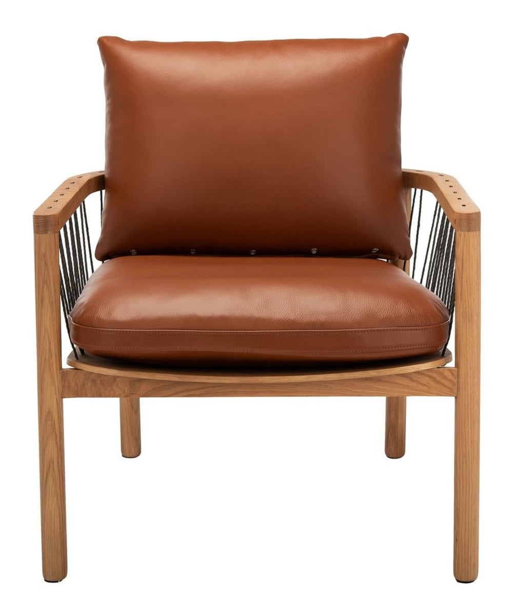 Caramel Mid-Century Leather Chair - Rustic Oak Accent Chair with Cozy Brown Leather Cushions
