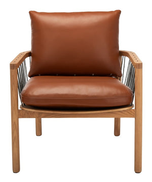 Caramel Mid-Century Leather Chair - Rustic Oak Accent Chair with Cozy Brown Leather Cushions