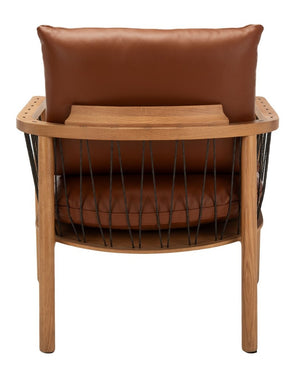 Caramel Mid-Century Leather Chair - Rustic Oak Accent Chair with Cozy Brown Leather Cushions