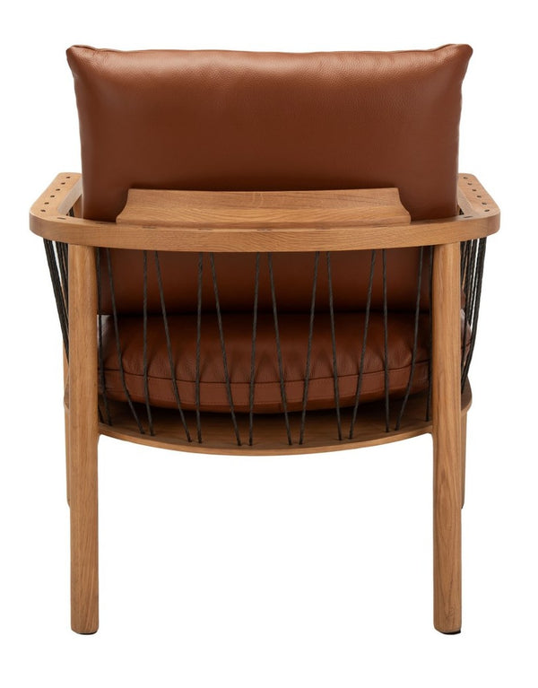 Caramel Mid-Century Leather Chair - Rustic Oak Accent Chair with Cozy Brown Leather Cushions