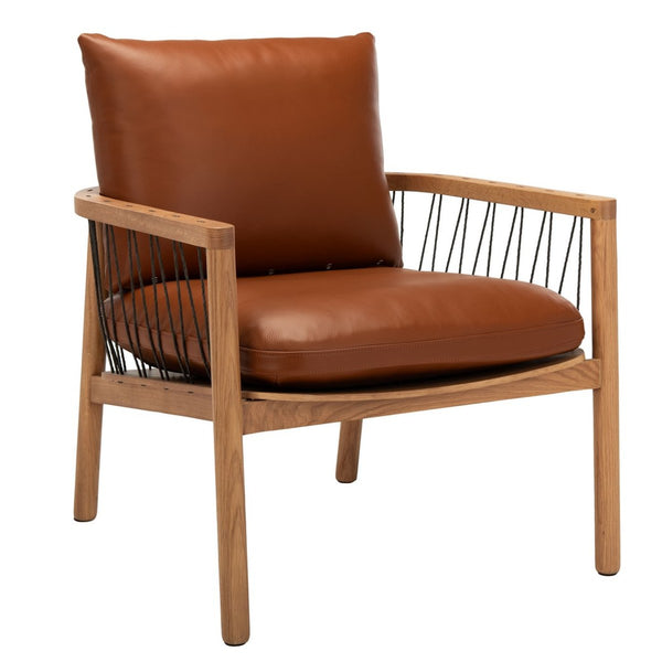 Caramel Mid-Century Leather Chair - Rustic Oak Accent Chair with Cozy Brown Leather Cushions